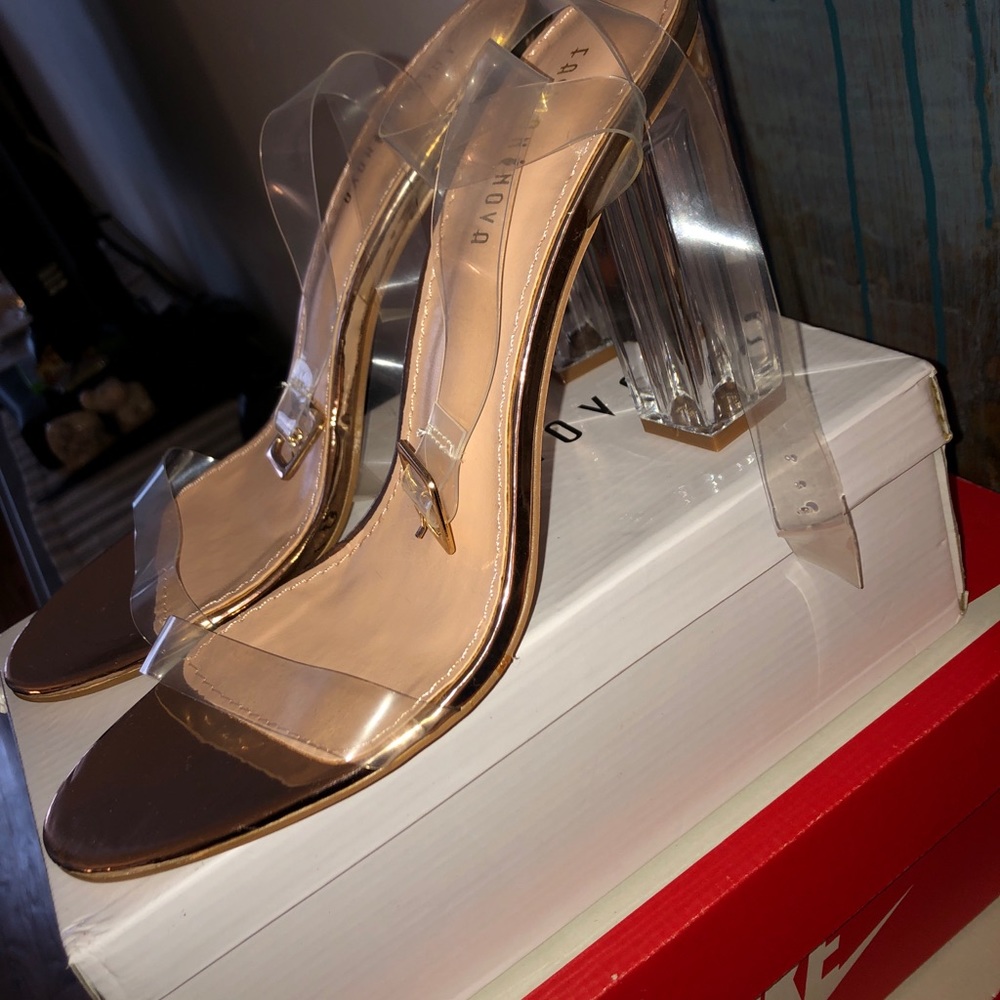 Rose gold clear block heel sandal